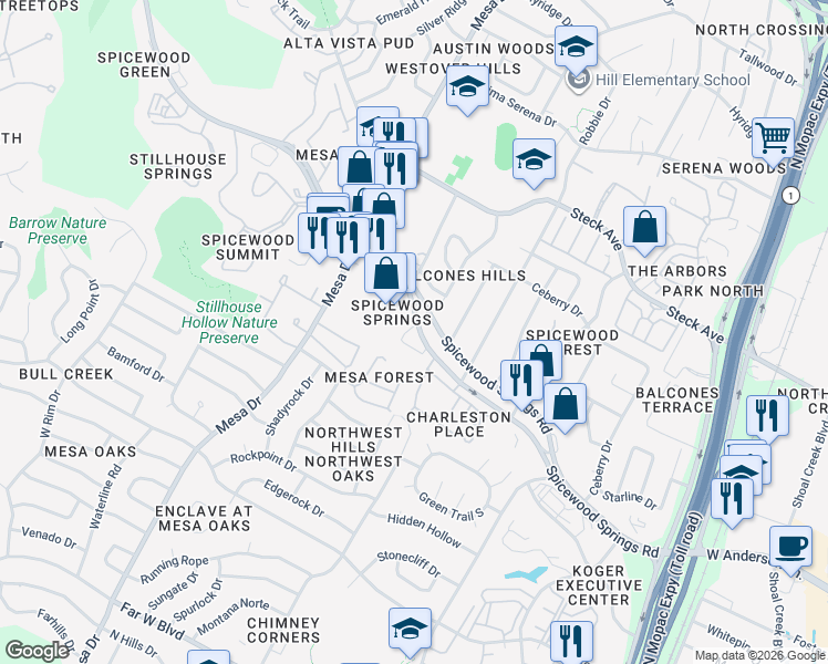 map of restaurants, bars, coffee shops, grocery stores, and more near 4131 Spicewood Springs Road in Austin