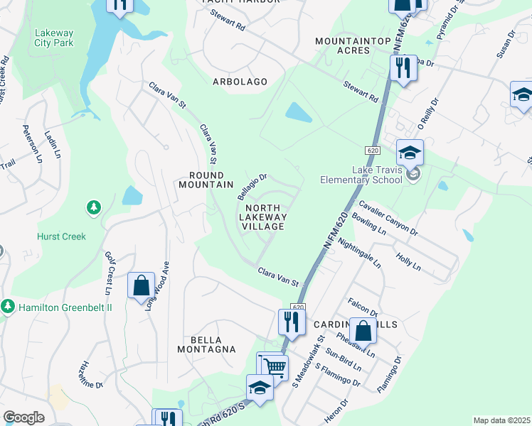 map of restaurants, bars, coffee shops, grocery stores, and more near 133 Roberto Drive in Lakeway