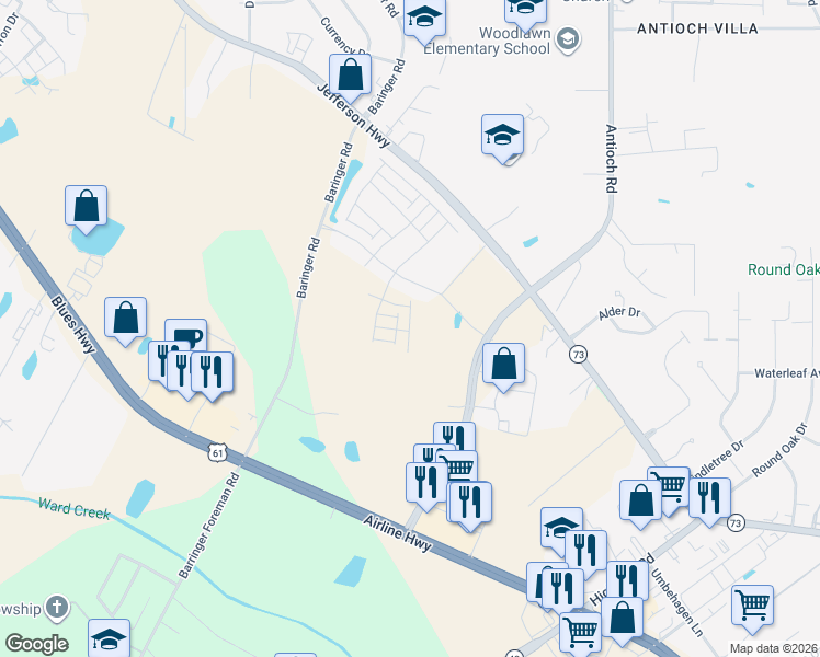 map of restaurants, bars, coffee shops, grocery stores, and more near 15725 Long Farm Road in Baton Rouge