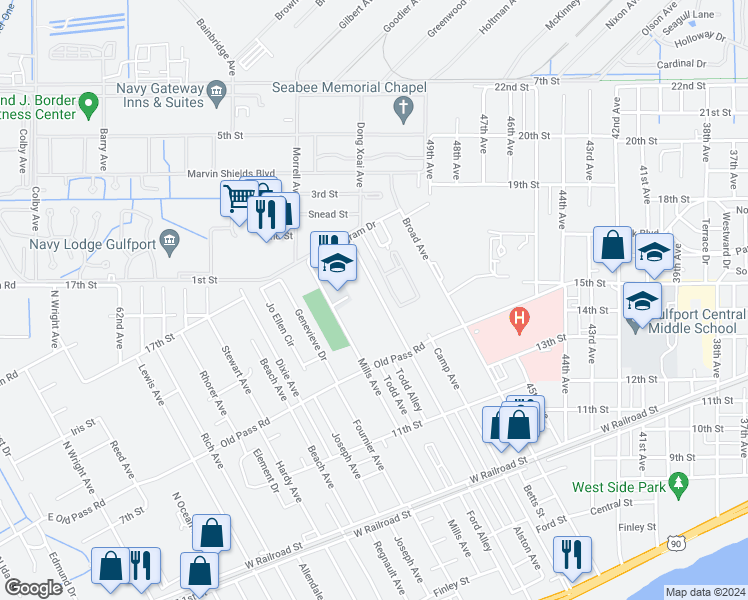 map of restaurants, bars, coffee shops, grocery stores, and more near 1507 Woodward Avenue in Gulfport