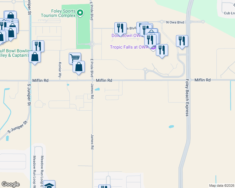 map of restaurants, bars, coffee shops, grocery stores, and more near 21200 Miflin Rd in Foley