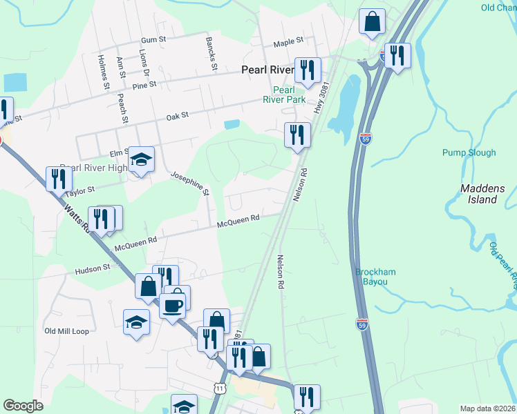 map of restaurants, bars, coffee shops, grocery stores, and more near 39293 McQueen Road in Pearl River