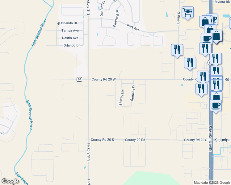 map of restaurants, bars, coffee shops, grocery stores, and more near 3028 Meridian St in Foley