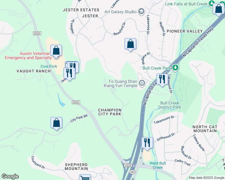 map of restaurants, bars, coffee shops, grocery stores, and more near 6500 Champion Grandview Way in Austin