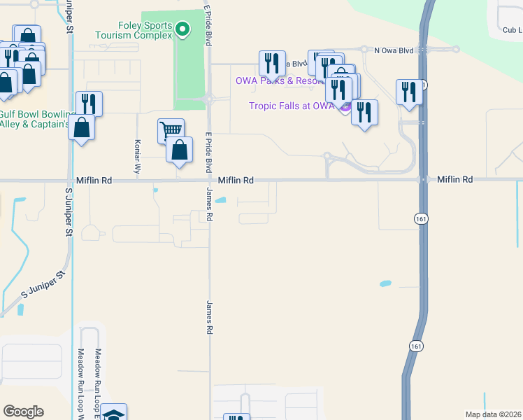 map of restaurants, bars, coffee shops, grocery stores, and more near 21240 Miflin Road in Foley