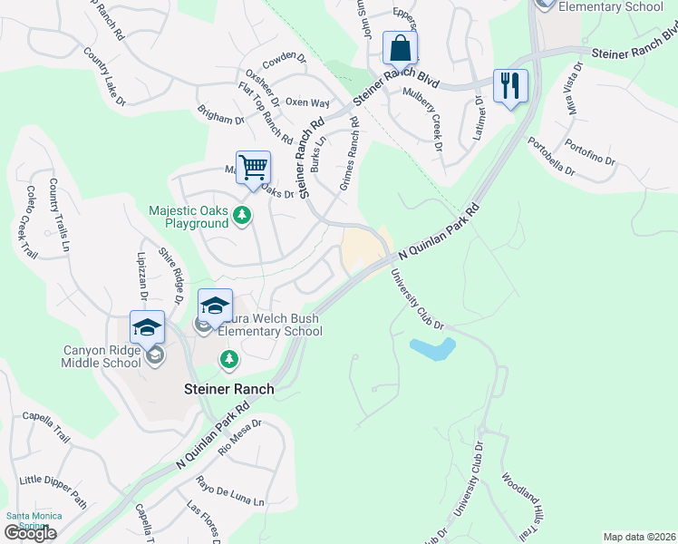 map of restaurants, bars, coffee shops, grocery stores, and more near 3013 Centennial Olympic Park in Austin