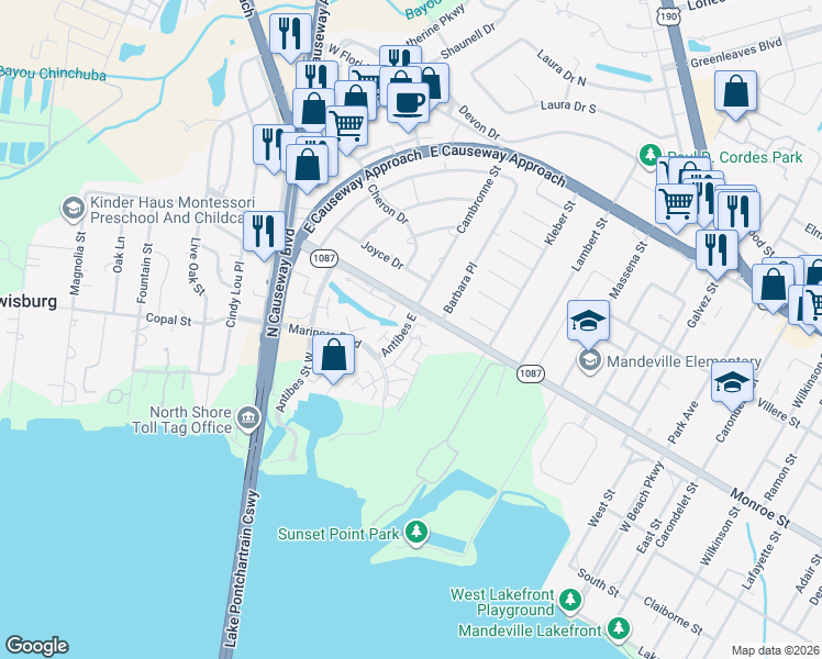 map of restaurants, bars, coffee shops, grocery stores, and more near 133 Sandra Del Mar Drive in Mandeville