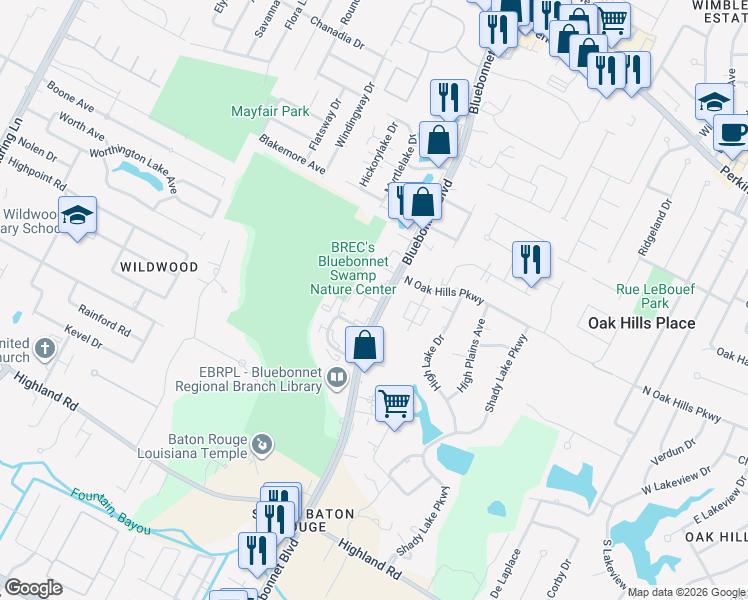 map of restaurants, bars, coffee shops, grocery stores, and more near 10527 Kentshire Court in Baton Rouge