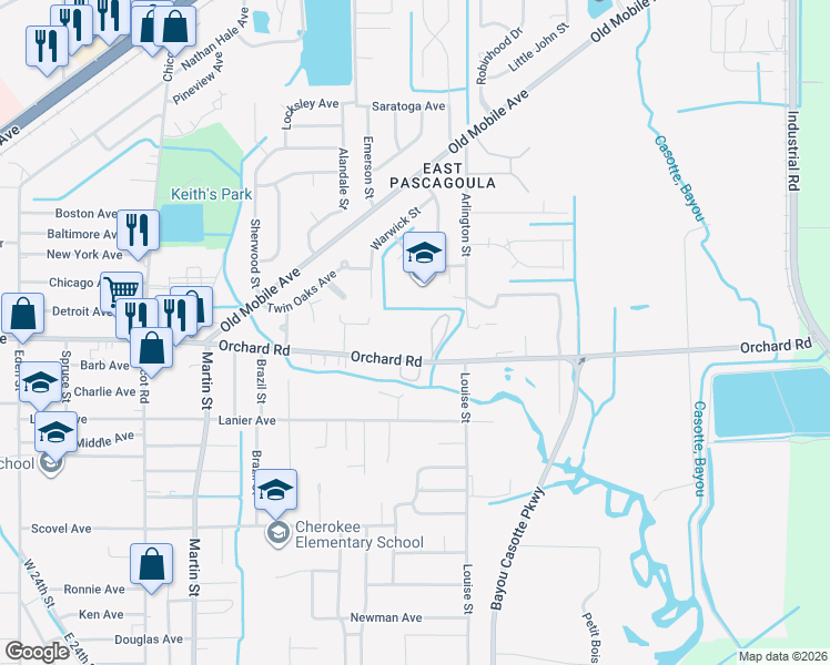 map of restaurants, bars, coffee shops, grocery stores, and more near 4607 Orchard Road in Pascagoula