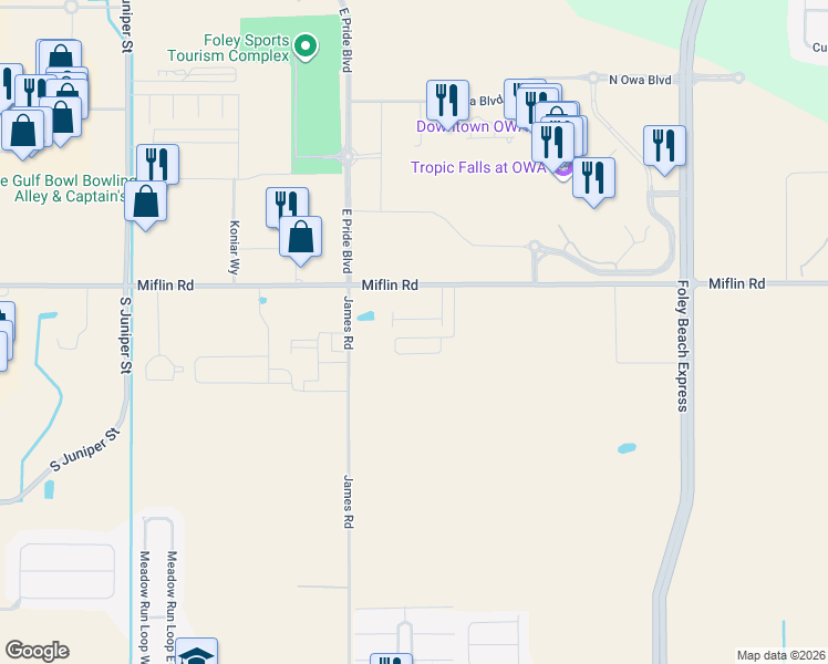 map of restaurants, bars, coffee shops, grocery stores, and more near 21200 Miflin Road in Foley