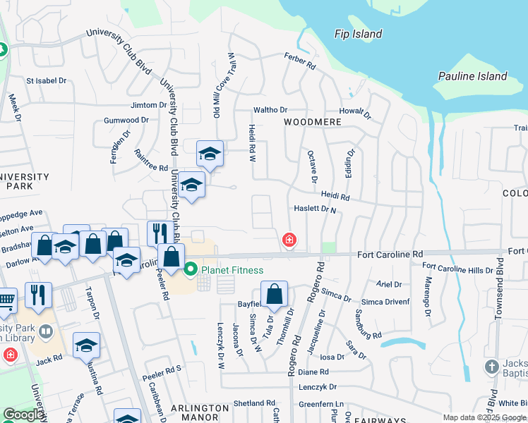 map of restaurants, bars, coffee shops, grocery stores, and more near 6457 Fort Caroline Road in Jacksonville