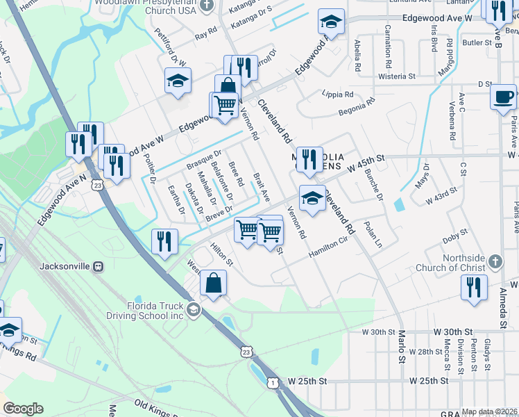 map of restaurants, bars, coffee shops, grocery stores, and more near 2952 Breve Drive in Jacksonville