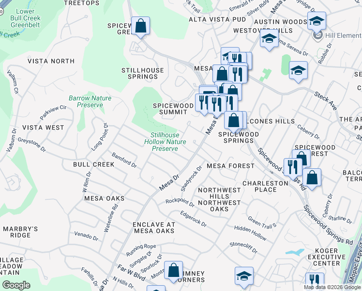 map of restaurants, bars, coffee shops, grocery stores, and more near 4118 Ridge North Trail in Austin