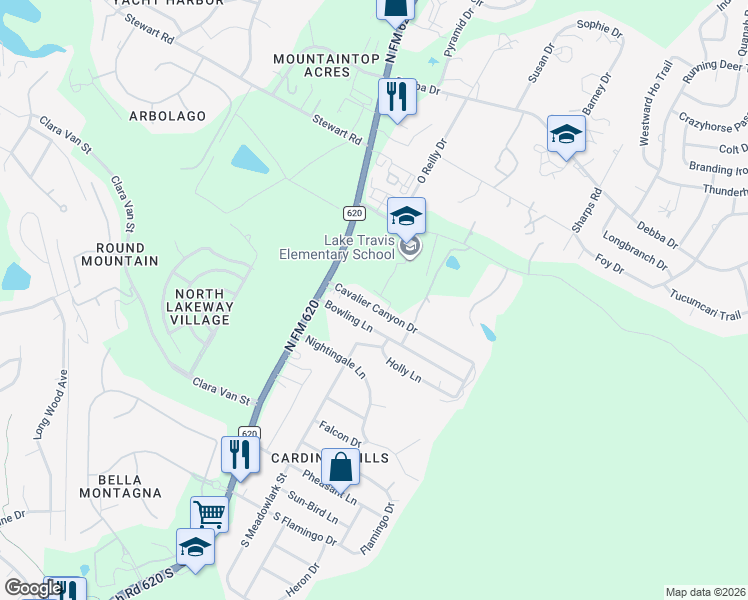 map of restaurants, bars, coffee shops, grocery stores, and more near 15306 Cavalier Canyon Drive in Lakeway