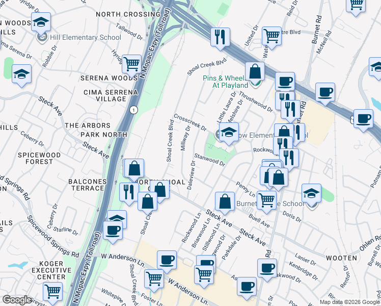 map of restaurants, bars, coffee shops, grocery stores, and more near 8409 Daleview Drive in Austin