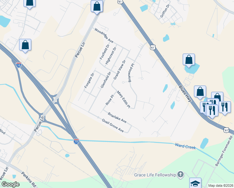 map of restaurants, bars, coffee shops, grocery stores, and more near 9112 Rose Place in Baton Rouge