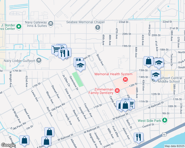 map of restaurants, bars, coffee shops, grocery stores, and more near 1502 Woodward Avenue in Gulfport