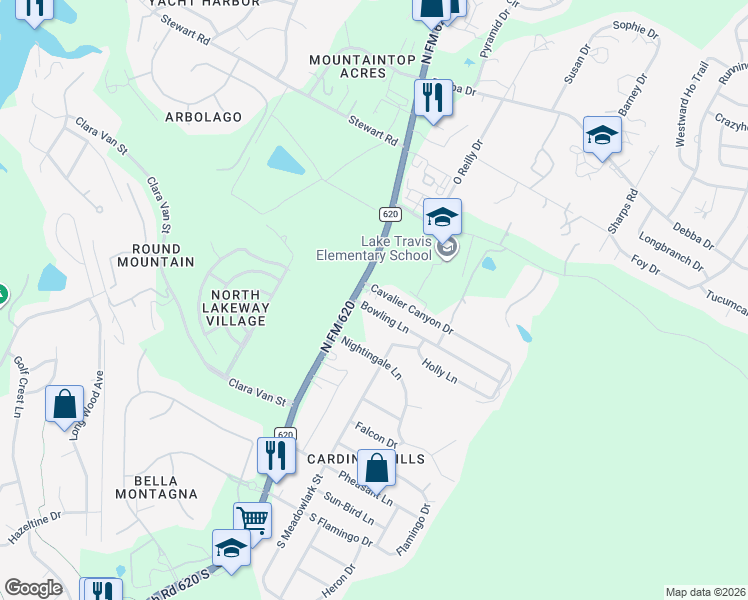 map of restaurants, bars, coffee shops, grocery stores, and more near 401 Ranch Road 620 North in Lakeway