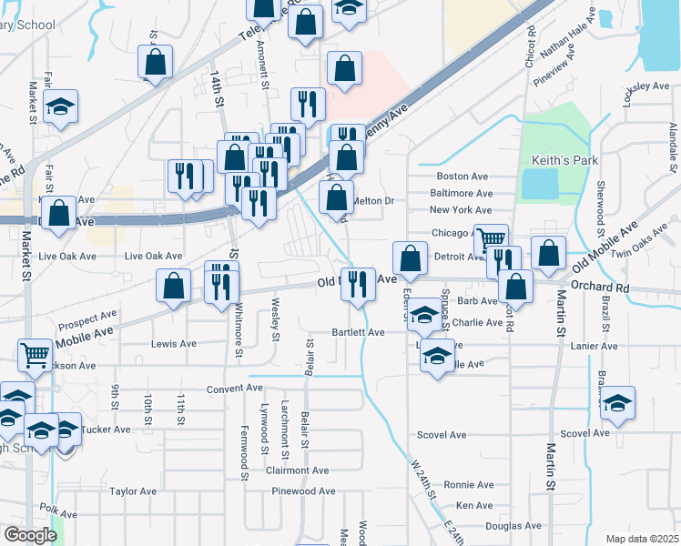 map of restaurants, bars, coffee shops, grocery stores, and more near 2087 Old Mobile Avenue in Pascagoula