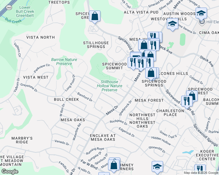 map of restaurants, bars, coffee shops, grocery stores, and more near 4116 Burney Drive in Austin