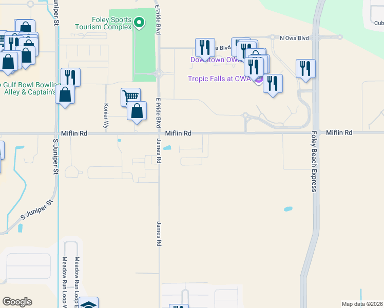 map of restaurants, bars, coffee shops, grocery stores, and more near 21200 Miflin Rd in Foley