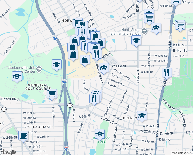 map of restaurants, bars, coffee shops, grocery stores, and more near 4738 Norwood Avenue in Jacksonville