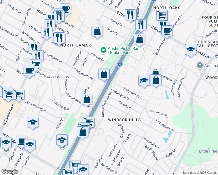 map of restaurants, bars, coffee shops, grocery stores, and more near 10701 Interstate 35 Frontage Road in Austin