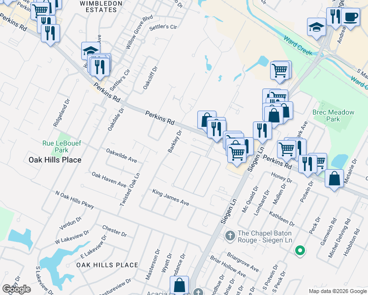 map of restaurants, bars, coffee shops, grocery stores, and more near 12314 Lord Byron Avenue in Baton Rouge