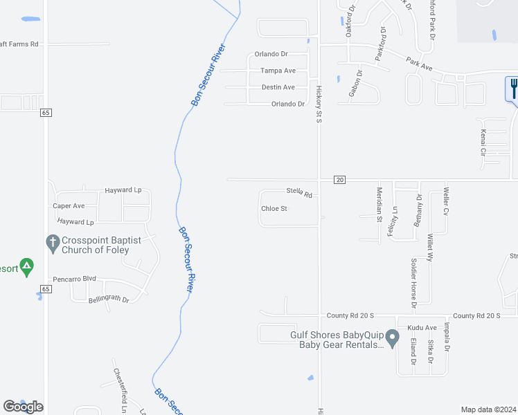 map of restaurants, bars, coffee shops, grocery stores, and more near 1069 Stella Rd in Foley