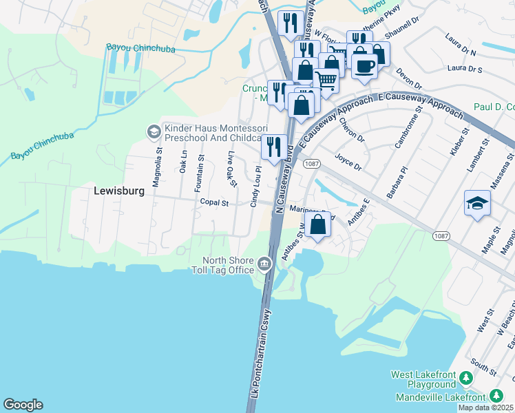 map of restaurants, bars, coffee shops, grocery stores, and more near 169 Cindy Lou Place in Mandeville