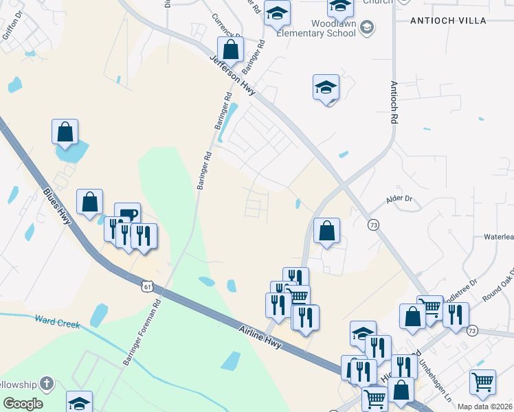 map of restaurants, bars, coffee shops, grocery stores, and more near 15725 Long Farm Road in Baton Rouge
