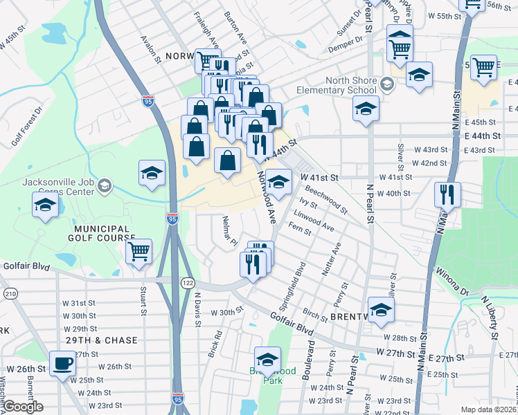 map of restaurants, bars, coffee shops, grocery stores, and more near 4738 Norwood Avenue in Jacksonville
