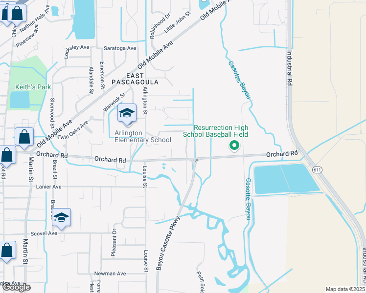 map of restaurants, bars, coffee shops, grocery stores, and more near 5111 Orchard Road in Pascagoula