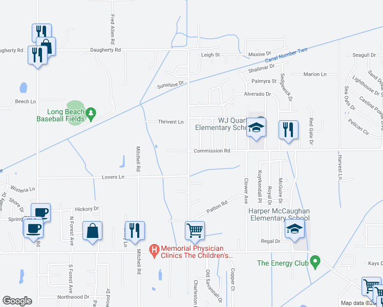map of restaurants, bars, coffee shops, grocery stores, and more near 20041 Commission Road in Long Beach