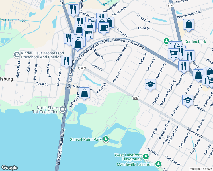 map of restaurants, bars, coffee shops, grocery stores, and more near 101-107 Antibes Street East in Mandeville