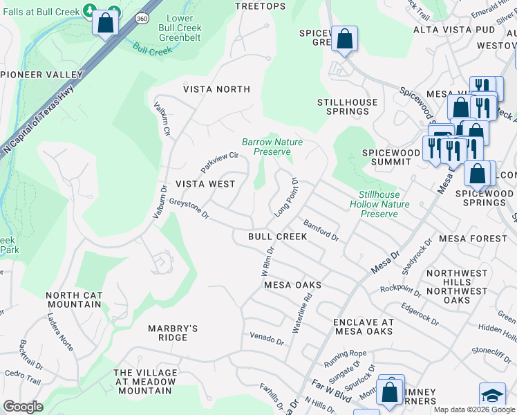 map of restaurants, bars, coffee shops, grocery stores, and more near 7506 Stepdown Cove in Austin