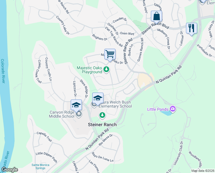 map of restaurants, bars, coffee shops, grocery stores, and more near 2842 Grimes Ranch Road in Austin