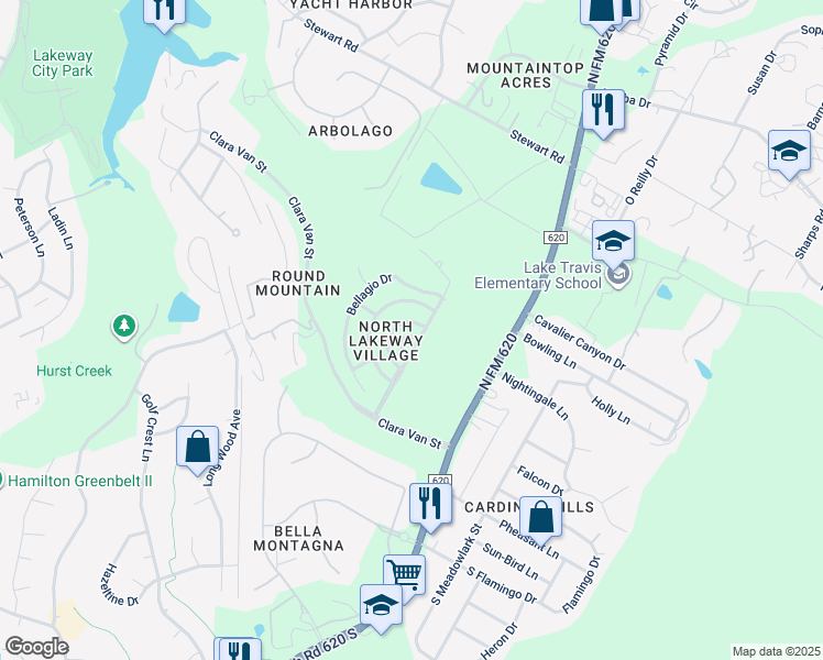 map of restaurants, bars, coffee shops, grocery stores, and more near 169 Roberto Drive in Lakeway