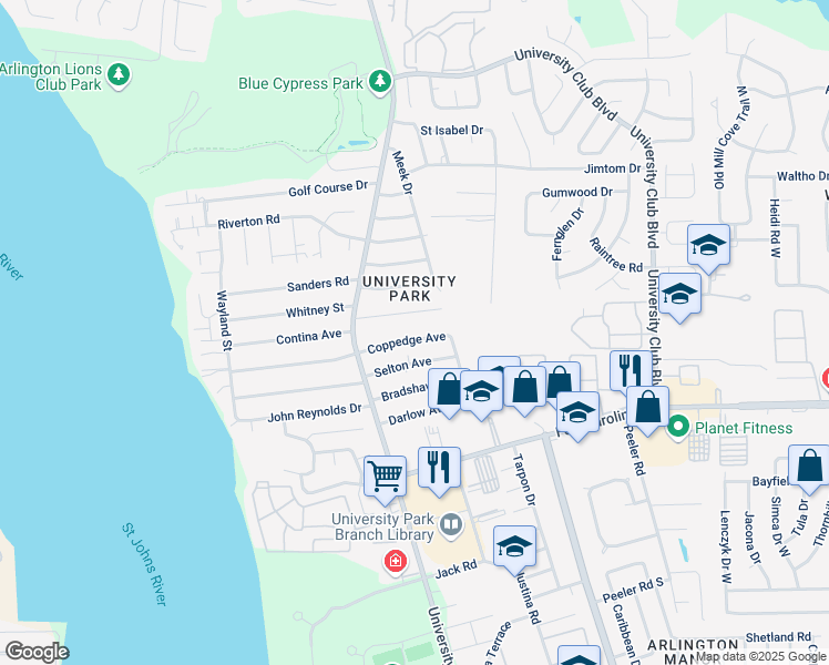 map of restaurants, bars, coffee shops, grocery stores, and more near 5603 Coppedge Avenue in Jacksonville