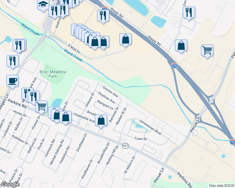 map of restaurants, bars, coffee shops, grocery stores, and more near 14227 Gravier Avenue in Baton Rouge