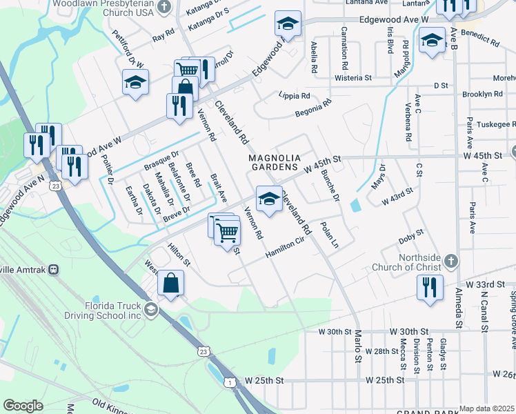 map of restaurants, bars, coffee shops, grocery stores, and more near 2854 West 45th Street in Jacksonville