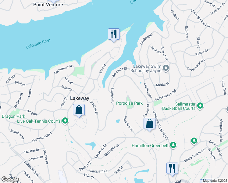 map of restaurants, bars, coffee shops, grocery stores, and more near 702 Sunfish Street in Lakeway