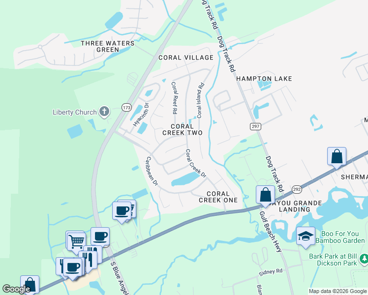 map of restaurants, bars, coffee shops, grocery stores, and more near 2081 Coral Creek Drive in Pensacola