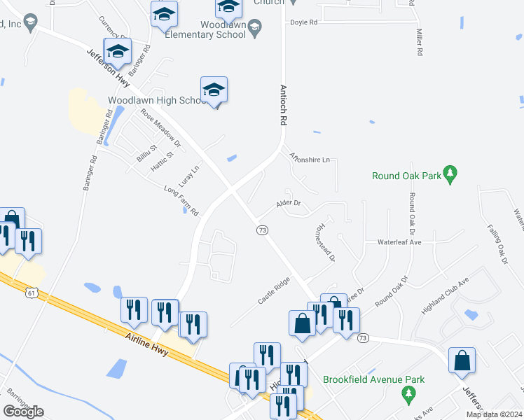 map of restaurants, bars, coffee shops, grocery stores, and more near 9332 Alder Drive in Baton Rouge