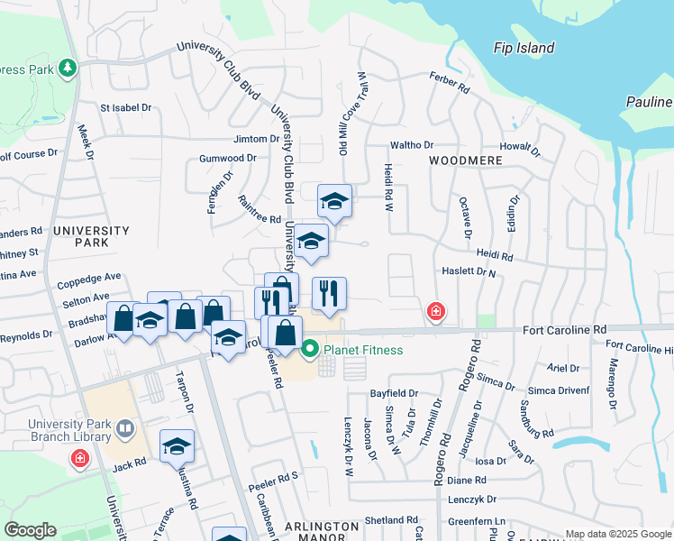 map of restaurants, bars, coffee shops, grocery stores, and more near 3787 University Club Boulevard in Jacksonville