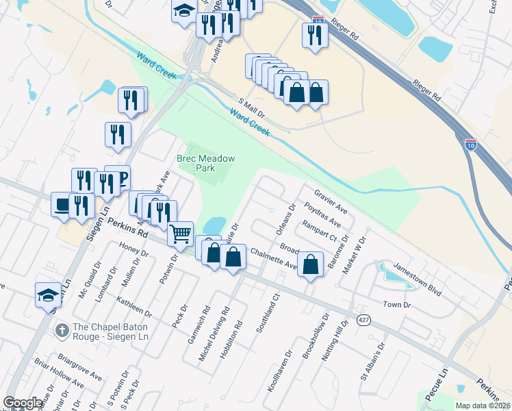 map of restaurants, bars, coffee shops, grocery stores, and more near 8817 Metairie Drive in Baton Rouge