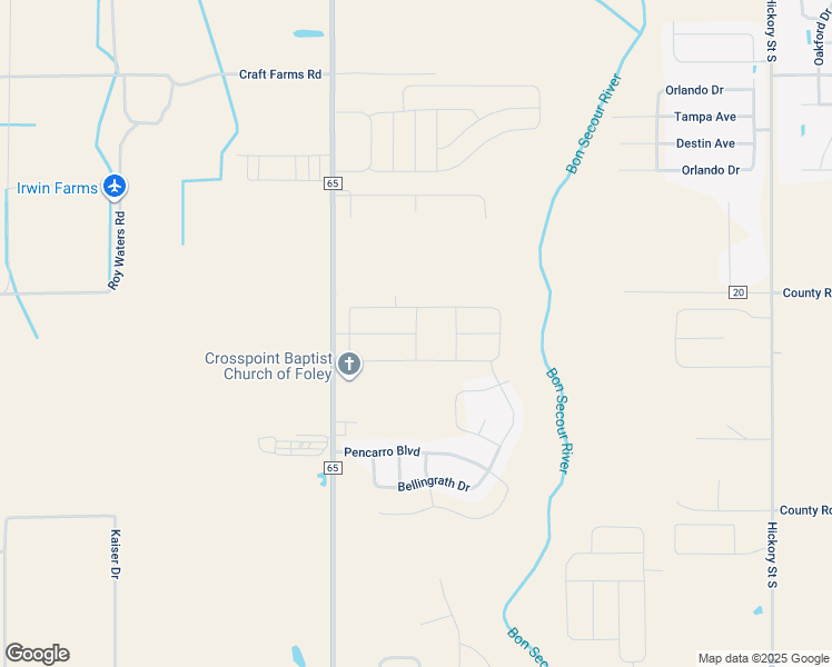 map of restaurants, bars, coffee shops, grocery stores, and more near Gallica Lane in Foley