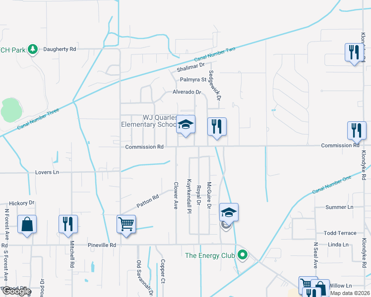 map of restaurants, bars, coffee shops, grocery stores, and more near 19197 Commission Road in Long Beach
