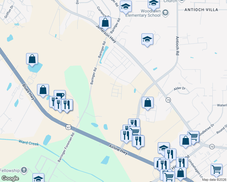 map of restaurants, bars, coffee shops, grocery stores, and more near Billiu Street in Baton Rouge