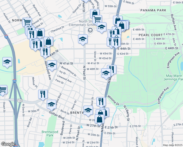 map of restaurants, bars, coffee shops, grocery stores, and more near 225 West 39th Street in Jacksonville